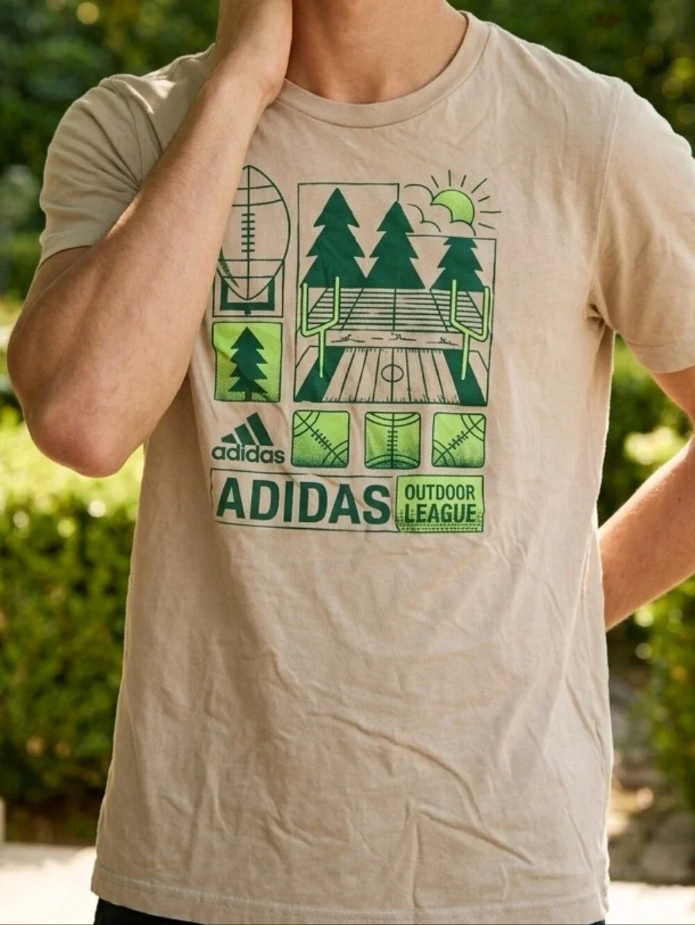 Adidas Outdoor League Graphic T-Shirt Boys Large 14/16 Tan Green Sports Tee